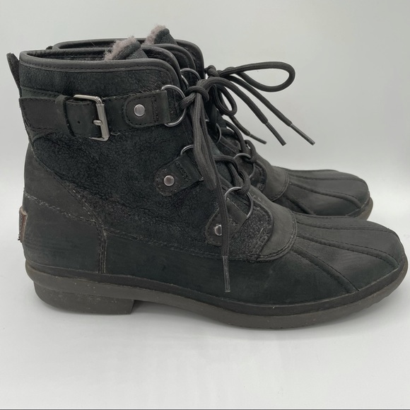 UGG Shoes - UGG Black Leather Cecile Duck Boots Waterproof